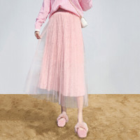 她池春装女新款梦幻少女纯色中长款百褶初恋半身裙T91H0576A26JM  粉色 均码