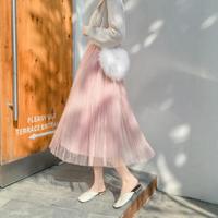 AUDDE 2019春夏季新款女装新品半身裙女亮片高腰网纱百褶裙超火中长款纱裙 zx1202-8040 粉红色 均码