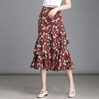 她池女装春季新款碎花包臀裙女中长款蛋糕裙ins超火鱼尾裙子雪纺半身裙 T91Z0214A30S  红色 S