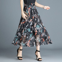 她池春装女2019新款优雅气质大摆印花雪纺高腰百褶半身裙中长款伞裙 T91Z0242A28S  花色 S