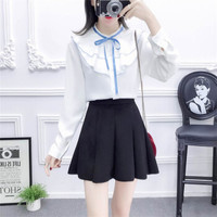 HMDIME 木耳边系结衬衣蓬蓬半身裙套装初春新品 小清新气质学院风 MSFS7545 蓝衣+黑裙 M