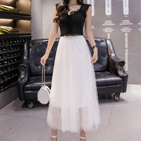 薇图（vitto）女装 2019年夏季百褶高腰网纱A字裙超仙中长款半身裙 xbVT516 白色 均码