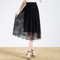 她池女装春季新款韩版黑色蕾丝半身长裙高腰显瘦网纱蓬蓬裙A字百褶雪纺长裙T91Z0243A10XL 黑色 XL