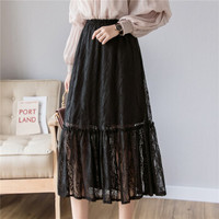 HMDIME chic半身裙女春季新品 韩版ins超火的中长款蕾丝裙荷叶边拼接大摆A字裙 MSYZ876 黑色 M