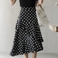 她池春夏女新款流行修身中长款雪纺高腰半身裙波点印花蛋糕裙 T91Z0536A10S  黑色 S