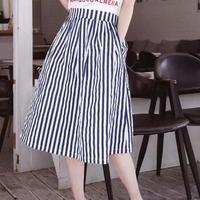 AUDDE 2019夏季新款女装新品半身裙女简约条纹百搭高腰大摆a字裙韩版长裙 zx3E02-8604 蓝色 S