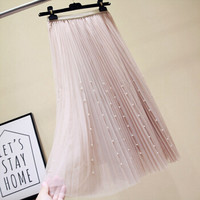 AUDDE 2019夏季新款女装新品半身裙女时尚镶珠网纱时尚高腰显瘦百褶裙仙女裙 HCFX021 白色 均码