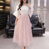 薇图（vitto）女装 2019年夏季百褶高腰网纱A字裙超仙中长款半身裙 xbVT516 粉色 均码