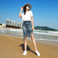 维迩旎 2019春夏季新款女装新品高腰流苏牛仔裙半身裙 zx3E291-1048 蓝色 S