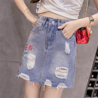 HMDIME 毛边牛仔半身裙女春夏新款 淑女百搭短裙刺绣镂空包臀裙显瘦A字裙 DYFS912 蓝色 XL