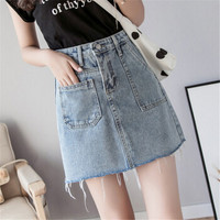 HMDIME 牛仔短裙女夏装新品 百搭时尚高腰学生chic夏ins超火A字半身裙 MMFS7679 浅蓝 L