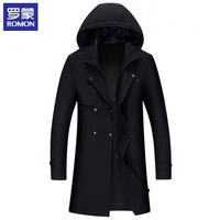 罗蒙(ROMON)风衣男 春秋新款连帽舒适修身商务休闲中长款外套男装 9JK941902 黑色 170