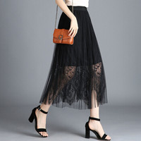 BANDALY 蹦跶狸 春夏季新款女装新品半身裙女纱裙百褶裙中长a字裙百搭高腰蕾丝网纱长裙子 GZWH8622 黑色 均码