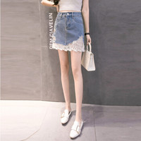 简芷 2019春夏蕾丝花边韩版百搭刺绣A字女短裙破洞牛仔半身裙子 DYFSCZG2UL761 蓝色 XL