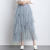 AUDDE 2019春季新款女装新品半身裙女清新甜美蛋糕裙网纱中长款蕾丝蓬蓬仙女裙 GZWH8608 烟灰色 均码