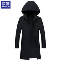罗蒙 (ROMON) 风衣男 春秋新款连帽舒适修身商务休闲中长款外套男装9JK941009 黑色 190