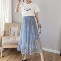 薇图（vitto）女装 2019年夏季纱裙女百褶高腰网纱A字超仙中长款半身裙 xbVT512 蓝色 均码