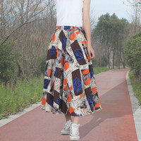 BANDALY 蹦跶狸 春夏季新款女装新品半身裙印花长裙民族风花色松紧腰围高腰大摆裙 MMKH37 37号色 裙长90厘米