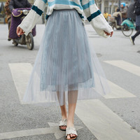 AUDDE 翱笛 夏季新款女装新品半身裙女时尚唯美休闲蕾丝网纱裙中长款百褶裙 MMBD11-118 灰色 均码