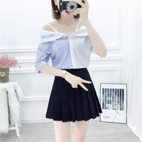 HMDIME ins慵懒港风条纹套装初夏新品 韩版吊带露肩衬衣百褶高腰半身裙 MSFS9921 蓝条纹衬衣+黑裙 S