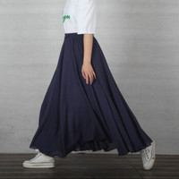 BANDALY 蹦跶狸 夏季新款女装新品半身裙时尚文艺棉麻半身裙长裙大摆裙薄 MMKH1836 藏青 80（裙长80-85CM）