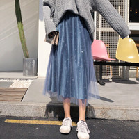 她池女装春季新款小星星金丝绒a字网纱裙中长款半身裙 T91H0015A5L 蓝色L