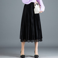 BANDALY 蹦跶狸 春季新款女装新品半身裙女网纱A字金丝绒两面穿百褶裙蕾丝网红裙 GZWH8621 黑色 均码