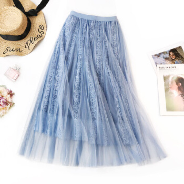半身裙时尚蕾丝裙子温柔风网纱裙淑女气质韩版长裙 zxalqy380 蓝色
