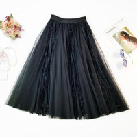 AUDDE 2019春夏季新款女装新品半身裙女轻盈蓬松提花蕾丝时尚网纱裙子气质大摆裙 zxALQY386 黑色 均码