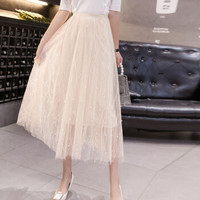 薇图（vitto）女装 2019年夏季百褶高腰网纱A字裙超仙中长款半身裙 xbVT516 杏色 均码
