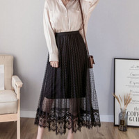 薇图（vitto）女装 2019年夏季纱裙女百褶高腰网纱A字超仙中长款半身裙 xbVT512 黑色 均码