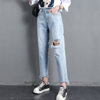 蝶以 高腰牛仔裤女2019春装新款哈伦裤女宽松破洞裤子女直筒老爹裤 DLSNCZG3UJ1033 浅蓝色 27