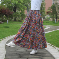 BANDALY 2019夏季新款女装新品半身裙印花棉麻松紧腰围大摆裙民族风A字裙 MMKH252652 52号色 裙长80厘米
