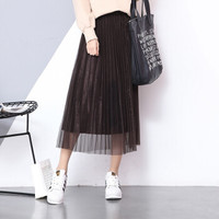 BANDALY 蹦跶狸 春夏季新款女装新品半身裙女ins超火网纱金丝绒百褶中长款蕾丝裙 GZWH8624 咖啡色 均码