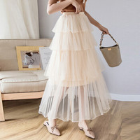 HMDIME 半身裙女网纱裙春夏新款 多层蛋糕裙子百褶半身仙女裙中长款纱裙 GGSS1844 杏色 均码