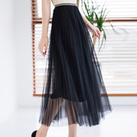 BANDALY 蹦跶狸 夏季新款女装新品半身裙女网纱高腰中长款百褶裙蓬蓬裙 FFBLY8303 黑色 均码