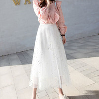 薇图（vitto）女装 2019年夏季纱裙百褶高腰网纱A字超仙中长款半身裙 xbVT513 白色 均码