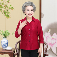 仙丫 2019春夏季新品女装中老年奶奶装立领九分袖衬衫印花60-80岁老人上衣 GZJS8022 红色 XXL