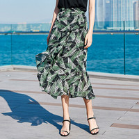 她池女装春季新款中长款荷叶边印花雪纺裙一片式半身裙女 T91Z0018A674L 绿色花L