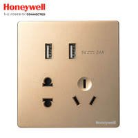 霍尼韦尔（honeywell）开关插座面板 五孔插座带USB充电二三极插座 境尚系列 金色