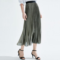 她池春夏半身裙女新款韩版时尚气质松紧高腰风情百褶A版显瘦时髦长裙T82H0548A350JM  金色 均码