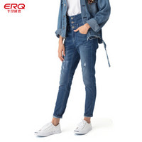 ERQ牛仔裤女2019春新品高腰破洞弹力修身显瘦小脚浅色复古铅笔裤 中蓝色 25