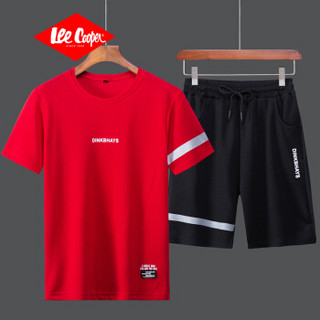 北极绒 Bejirong T恤2019男士短袖T恤套装时尚休闲宽松纯色简约运动套装个性D1600红色  M