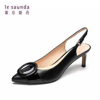 le saunda 莱尔斯丹 尖头浅口细高跟装饰扣后空套脚时尚优雅凉鞋女 LS AM56338 黑色 38