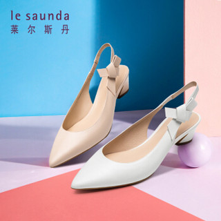 le saunda 莱尔斯丹 尖头浅口中粗跟套脚蝴蝶结拼接时尚优雅凉鞋女 LS AM43603 白色 38