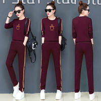 AUDDE 2019春夏季新款女装新品卫衣女韩版时尚大码休闲运动服套装两件套长袖宽松潮 zx3E05-108 酒红色 L