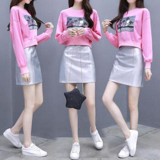 仙丫 2019春季新款女装新品卫衣女长袖学生两件套小个子仙女裙子套装 zx4362-615 粉色 XL