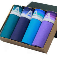 Langsha 浪莎 男士内裤 4条礼盒装男士U凸囊袋短裤舒适四角平脚裤 180/XXL DD37-4 (蓝色、XXL、平角裤、棉)