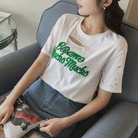 朗悦女装 2019夏季新款韩版破洞短袖T恤简约字母印花套头上衣 LWTD182208 白色 S