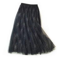 AUDDE 2019春夏季新款女装新品订珠网纱半身裙女甜美风高腰长裙闪粉仙女裙蓬蓬裙 zxALQY420 黑色 均码